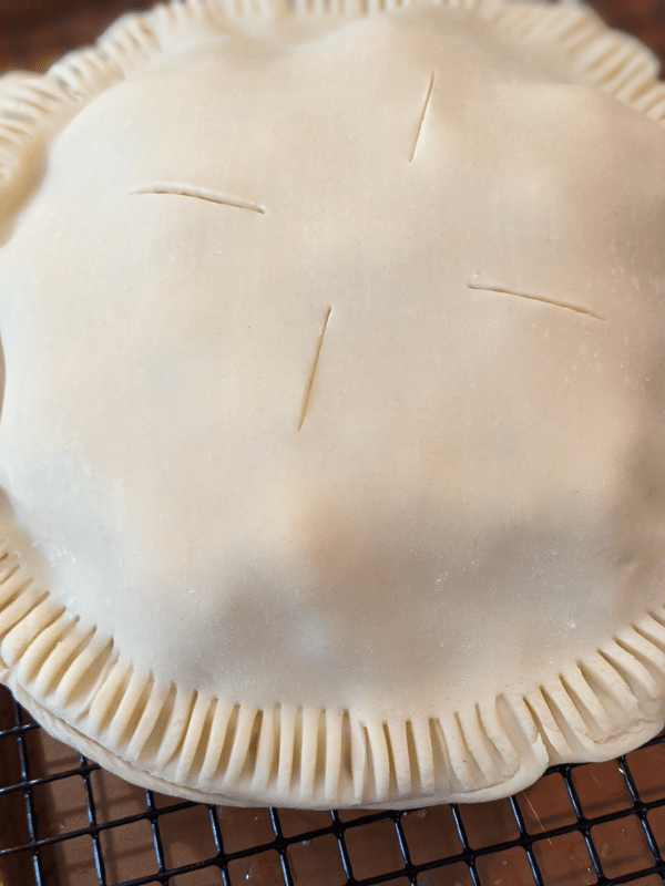 Unbaked tomato pie with fork crimped edges and slits to release steam
