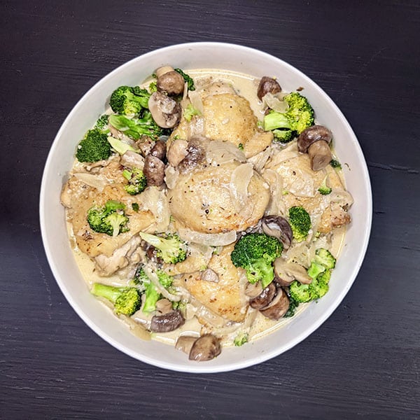 Budget-Friendly Chicken Fricassee with Mushrooms and Broccoli