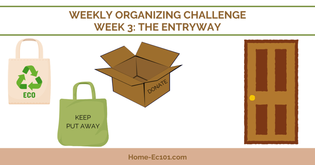 Weekly Organizational Challenge Image for Week 3 the Entryway: Image shows a recycling tote bag, a cardboard box, a green tote bag and a brown door